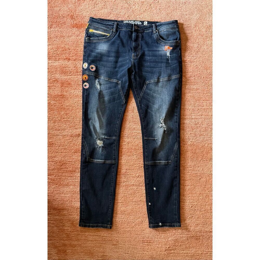 Dreamland Jeans Mens 38 Distressed Moto Patchwork Denim Lightning Star Detail